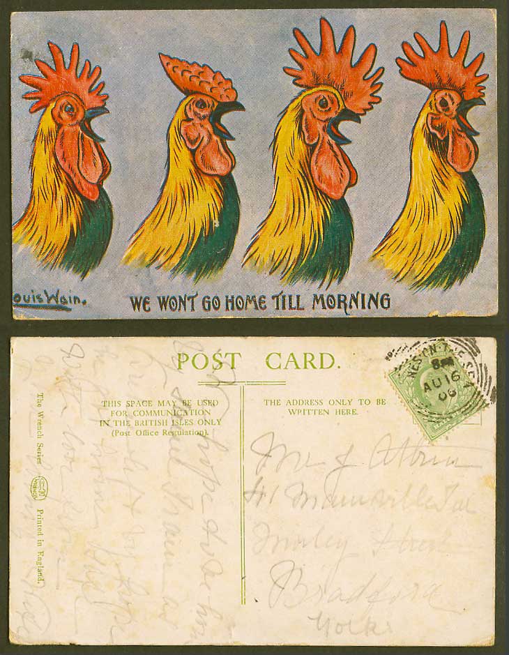 Louis Wain Artist Signed Rooster Bird Not Go Home Till Morning 1906 Old Postcard