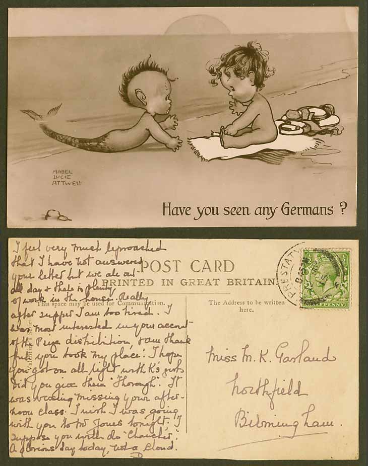MABEL LUCIE ATTWELL 1915 Old Postcard Have You Seen Any Germans? Mermaid Merbaby