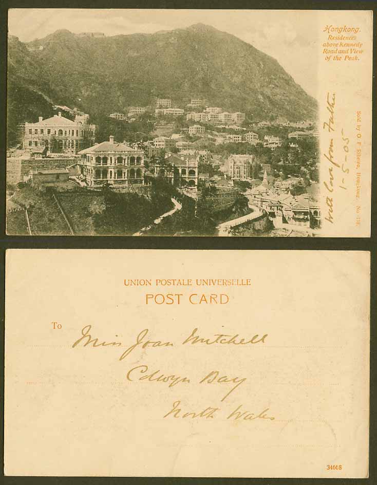 Hong Kong 1905 Old UB Postcard Residences above Kennedy Road & View of The Peak