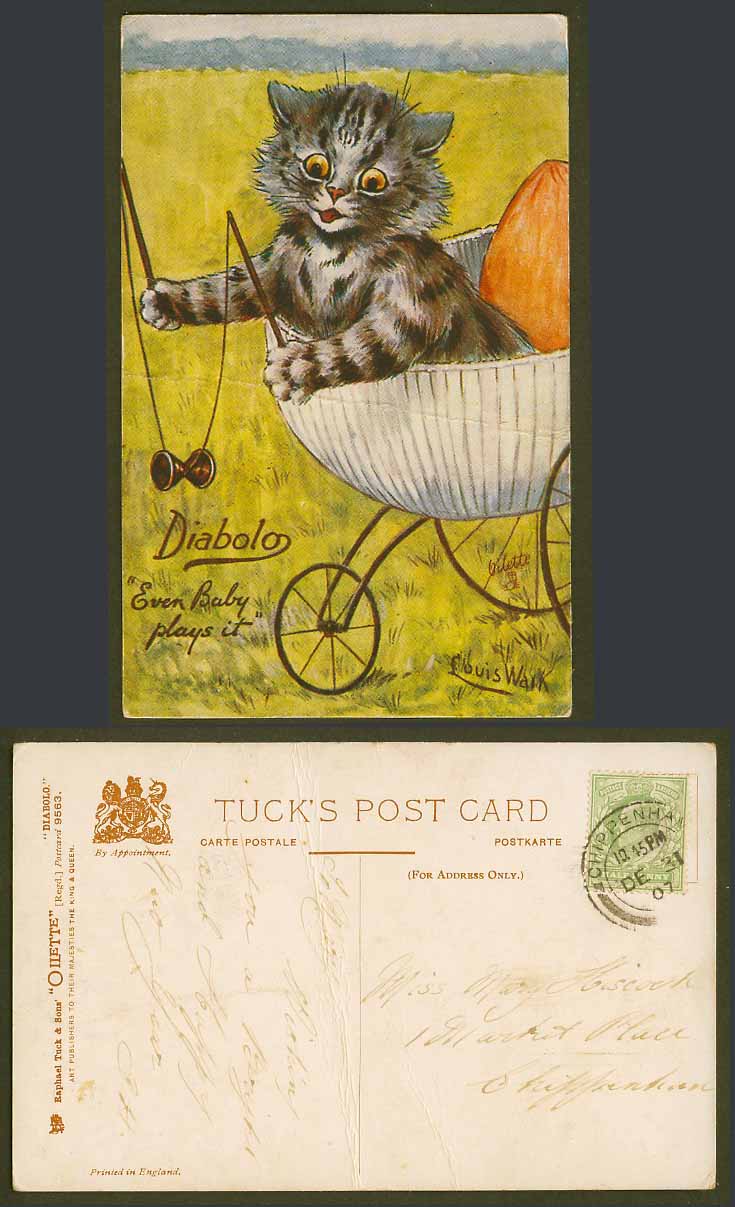 Louis Wain Artist Signed Cat Diabolo Even Baby Plays It 1907 Old Tuck's Postcard