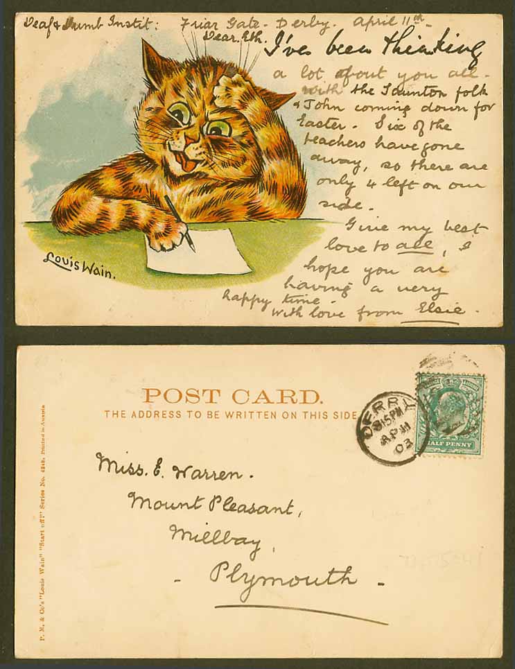 Louis Wain Artist Signed Cat, I've Been Thinking Start Off! 1903 Old UB Postcard