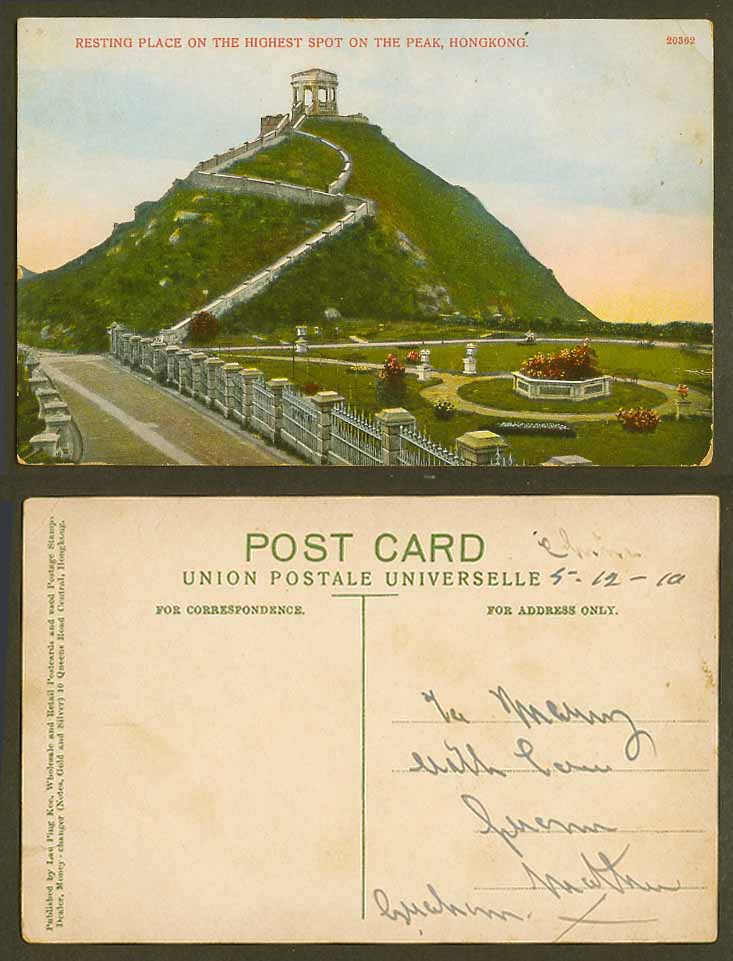 Hong Kong 1910 Old Colour Postcard Resting Place, Highest Spot, The Peak Gardens