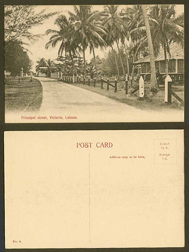 Labuan Victoria Principal Street Scene Palm Trees Hse. Brunei Sabah Old Postcard