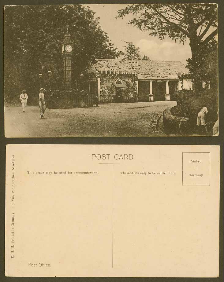Seychelles Old Postcard Central Post Office Clock Tower Street Scene Men, E.H.H.