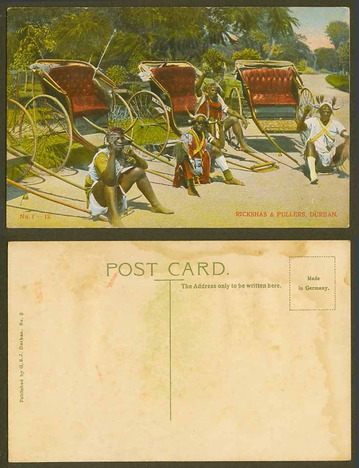 South Africa 1909Old Colour Postcard Rickshas & Pullers Durban, Ricksha & Puller