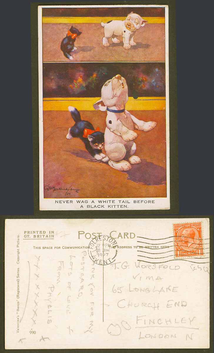 BONZO DOG GE Studdy 1927 Old Postcard Never Wag W Tail Before a Black Kitten 990