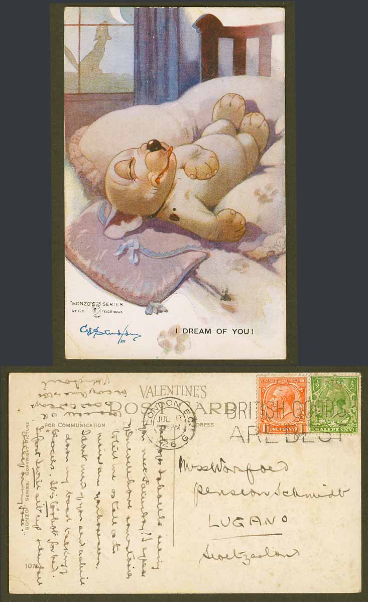 BONZO DOG GE Studdy 1926 Old Postcard I Dream of You! Puppy Dreaming Bed No.1076