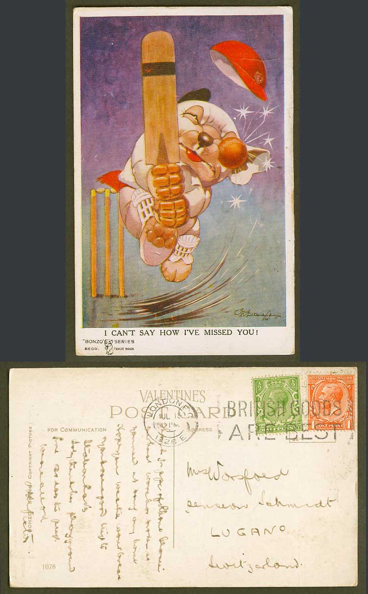 BONZO DOG GE Studdy 1926 Old Postcard Cricket Cricketer How I've Missed You 1078