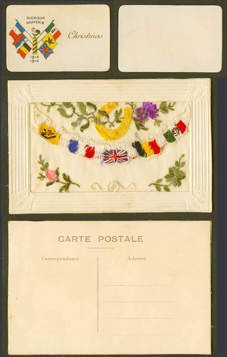 WW1 SILK Embroidered Old Postcard Horseshoe Flag Flower Rooster Christmas Wallet