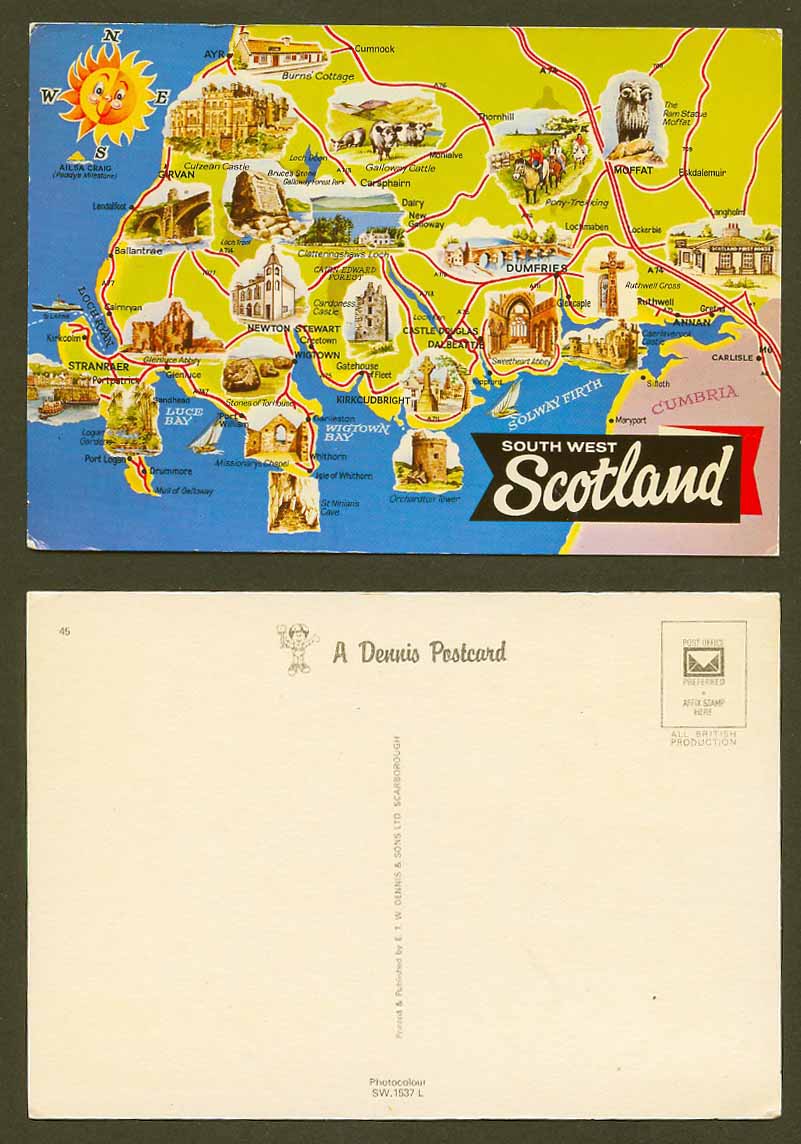 MAP of South West Scotland, Moffat Ram, Galloway Cattle Newton Dumfries Postcard