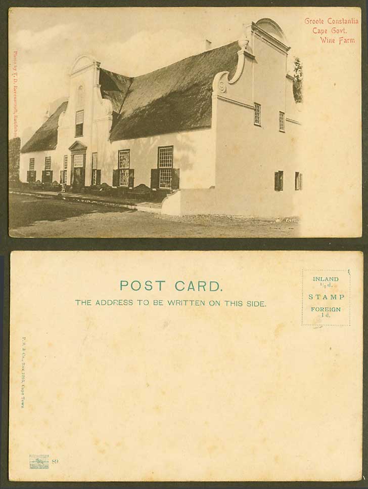 South Africa Old U.B. Postcard Groote Constantia Cape Govt. Government Wine Farm