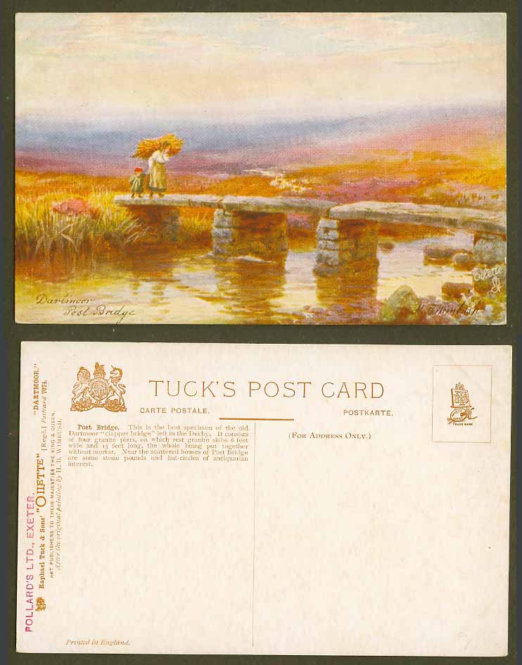 Dartmoor Post Bridge Clapper Bridge Woman Girl Devon Old Tuck's Oilette Postcard