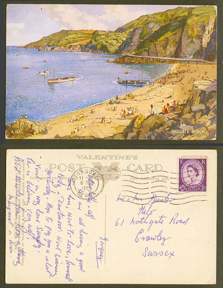 Redgate Beach Boats Cliffs Devon Artist Drawn by Edward Hailey 1959 Old Postcard