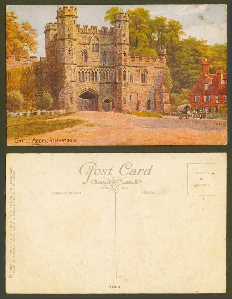 A.R Quinton ARQ Old Postcard Battle Abbey nr. Hastings Sussex Horse Cart No.1003