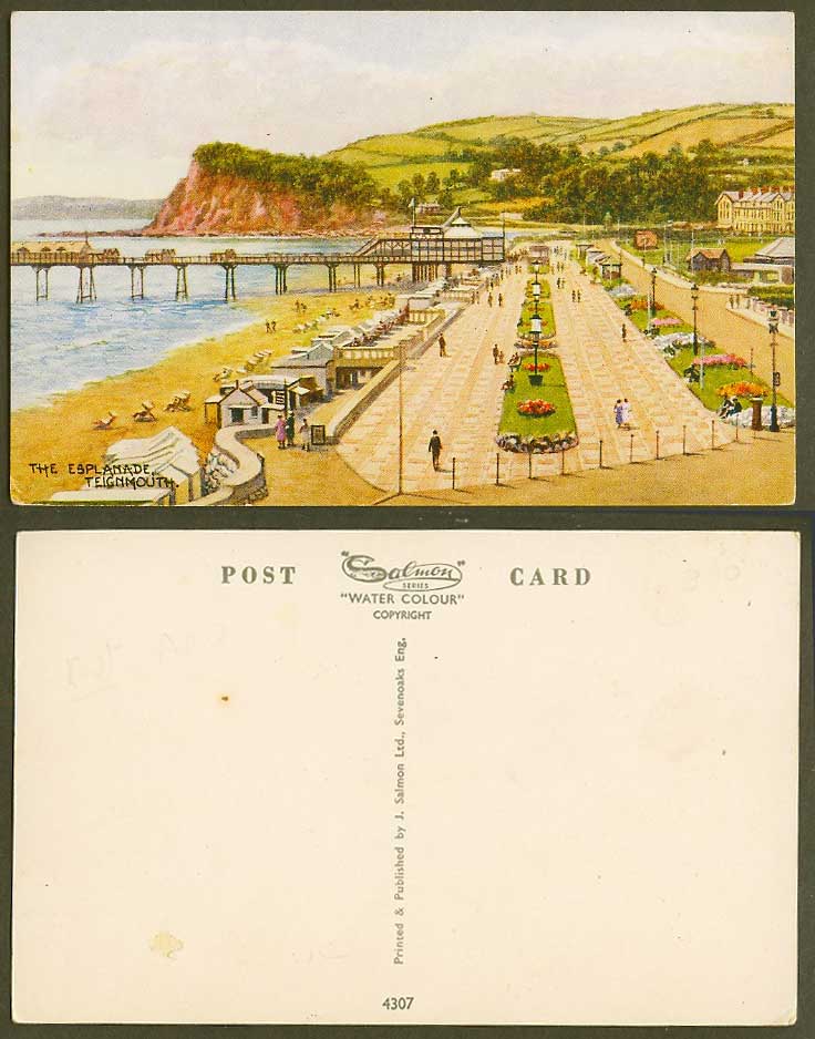 Teignmouth The Esplanade, Pier Jetty Beach Gardens Devon, Art Drawn Old Postcard