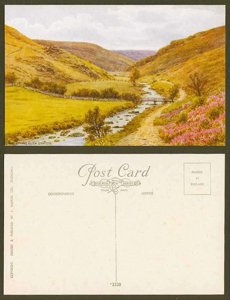 A.R. Quinton Old Postcard The Doone Glen River Scene, Bridge, Lynton, Devon 3328