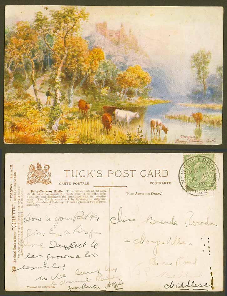 Torquay, Berry Pomeroy Castle, Cattle Cow Devon 1908 Old Tuck's Oilette Postcard