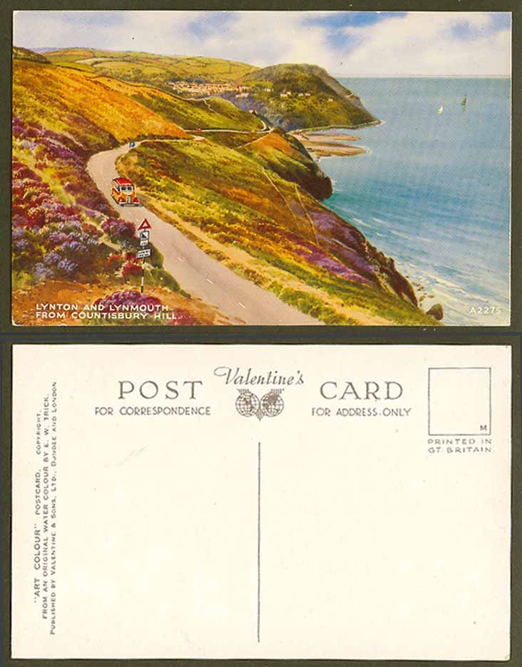 E.W. Trick Old Postcard Lynton, Lynmouth from Countisbury Hill Devon Vintage Bus