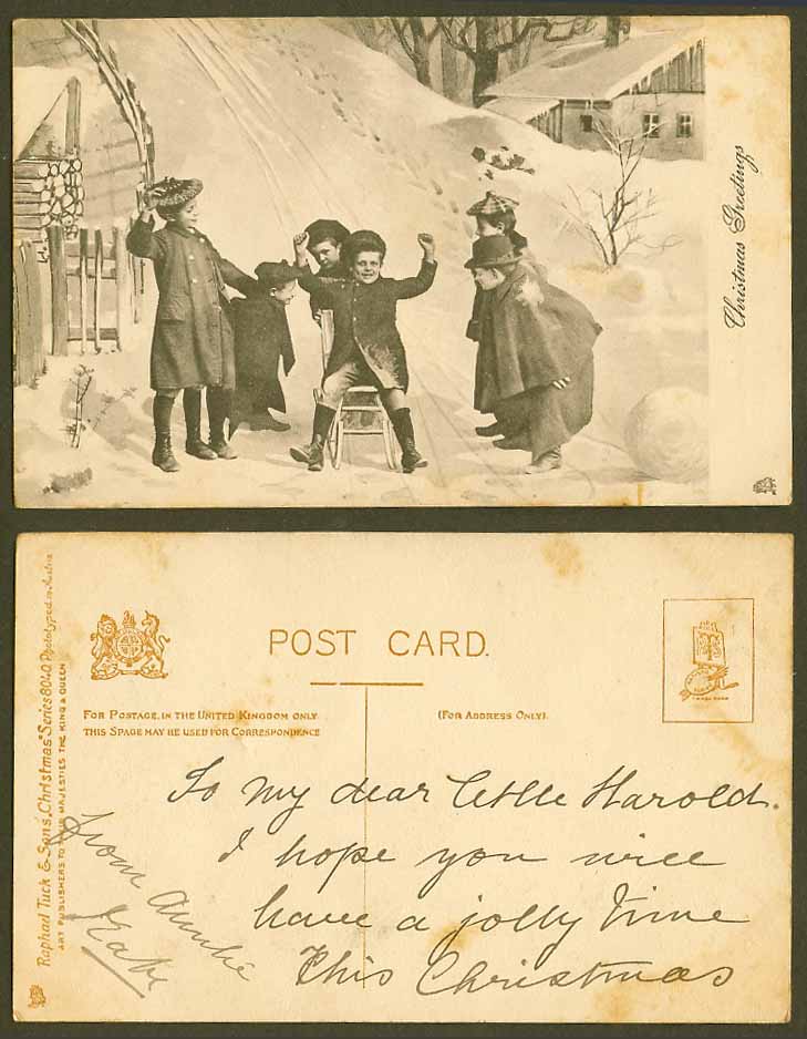 Children Boys Girls Sledding Tobogganing Winter Sports, Tuck's Xmas Old Postcard
