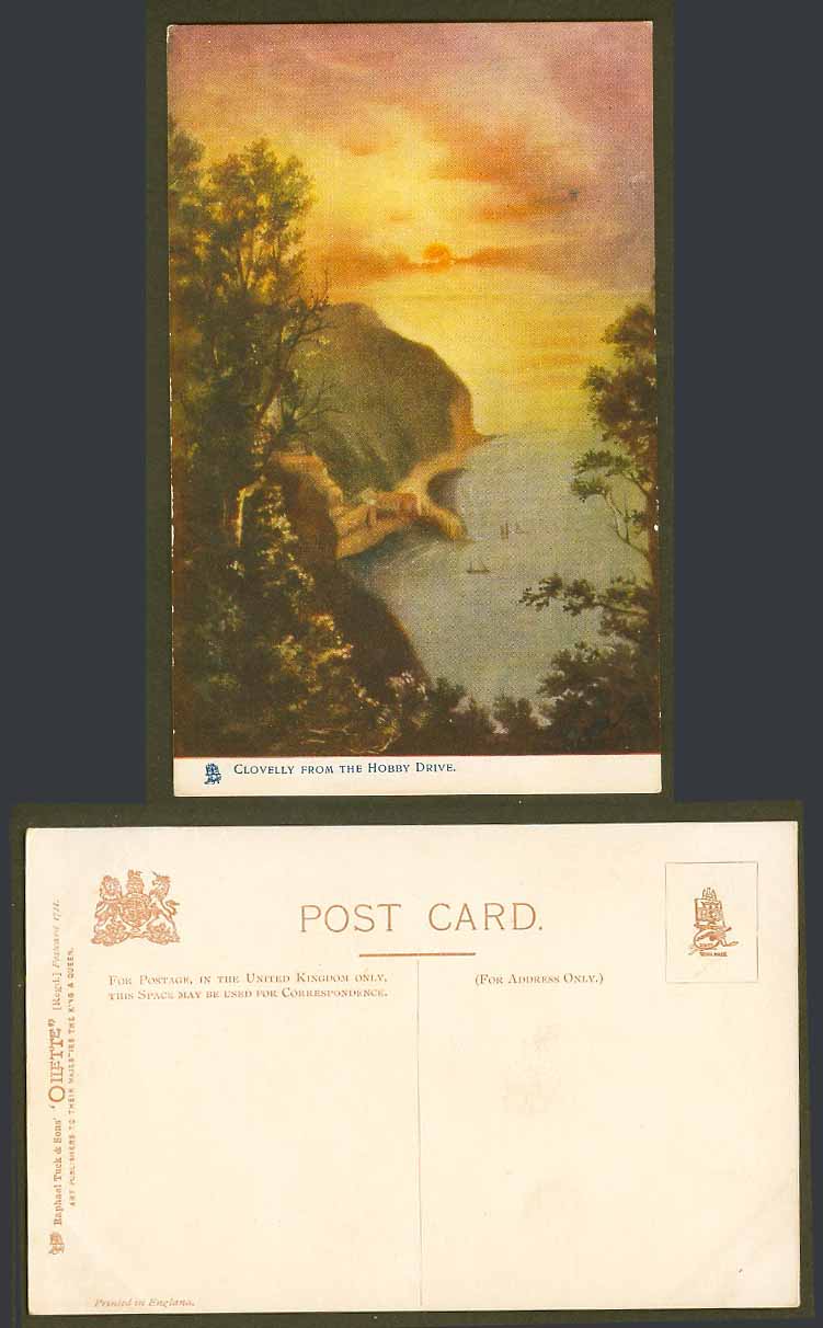 Clovelly from The Hobby Drive Devon Old Tuck's Oilette Postcard Pier Harbour ART