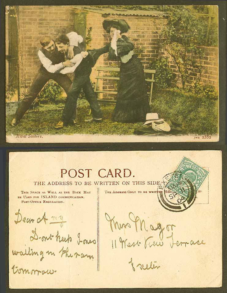 Romance Humour Rival Suitors Fighting Glamour Woman Lady 1904 Old Color Postcard