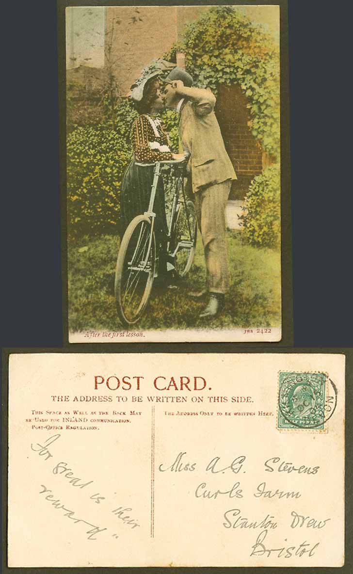 Cycling Bicycle, After The First Lesson Man Woman Kissing Kiss 1904 Old Postcard