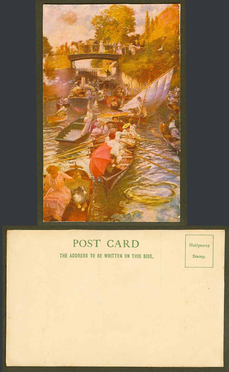 Art Artist Drawn Old Postcard Bridge, River Scene Boating Boats Ladies Women Men