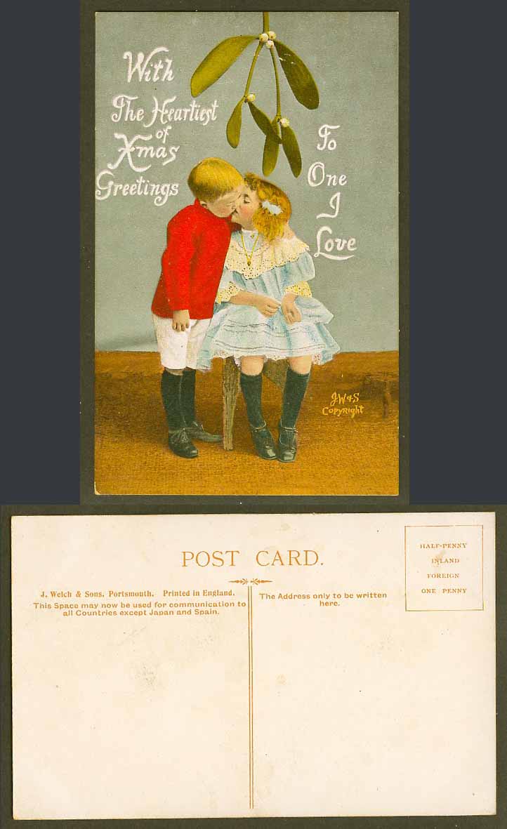 Little Boy Girl Kiss under Mistletoe, Xmas Greetings The One I Love Old Postcard