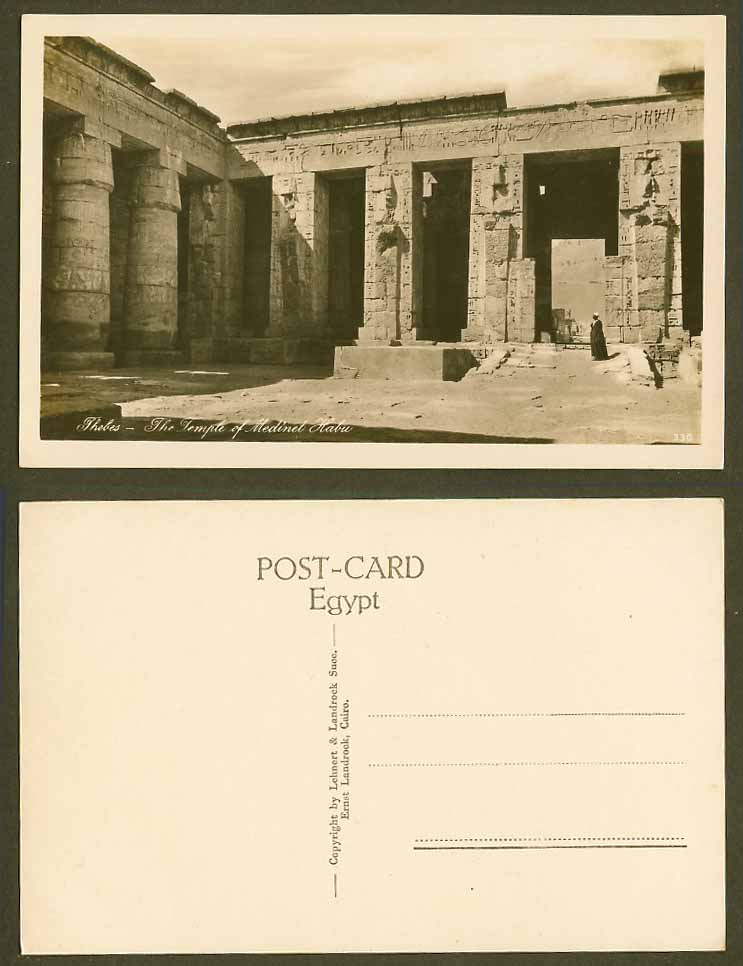Egypt Old Real Photo Postcard Thebes Temple of Medinet Habu Habou Ruins Arab Man