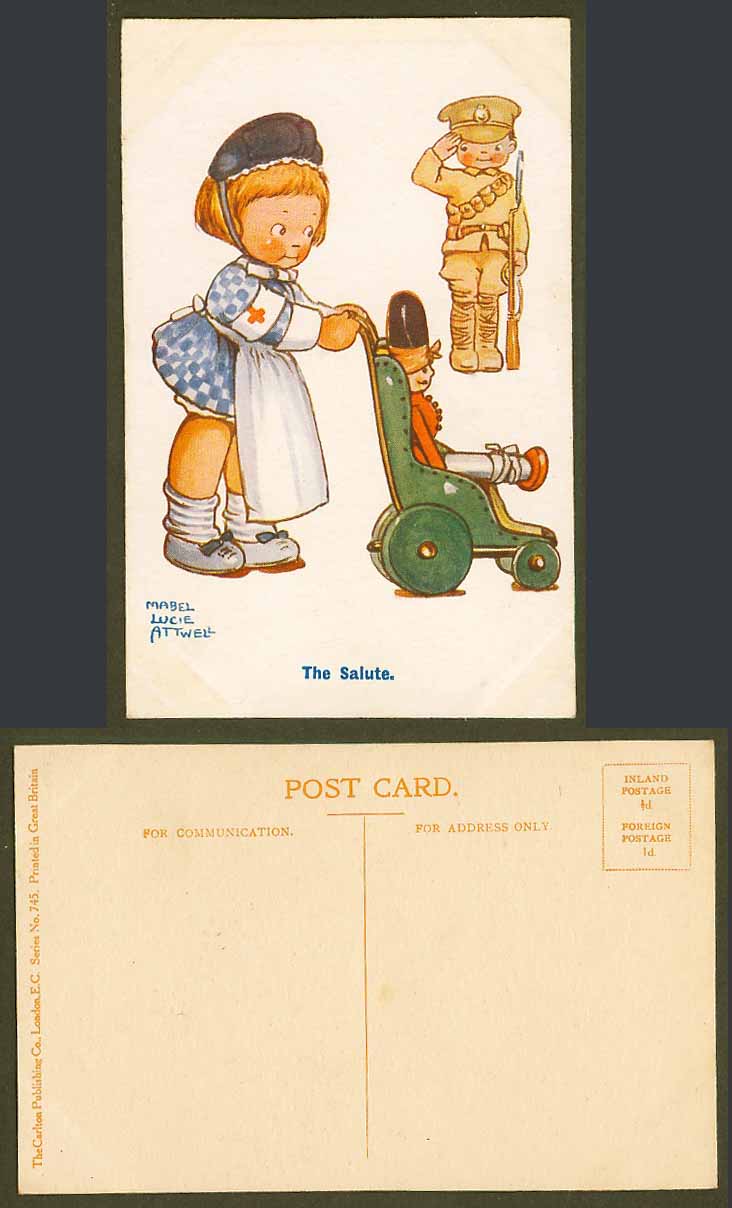 MABEL LUCIE ATTWELL Old Postcard The Salute Red Cross Nurse Girl Toy Soldier 745