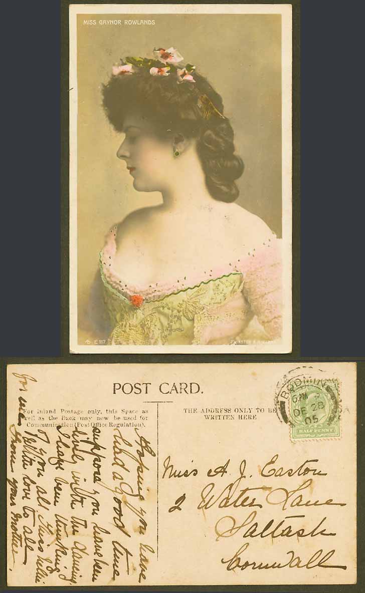 English Actress Miss Gaynor Rowlands 1905 Old Hand Tinted Real Photo Postcard
