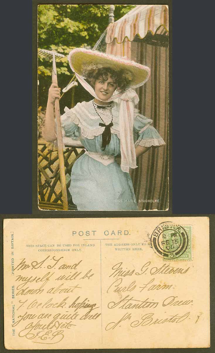 Actress Miss MARIE STUDHOLME on Swing with Garden Fork 1905 Old Colour Postcard