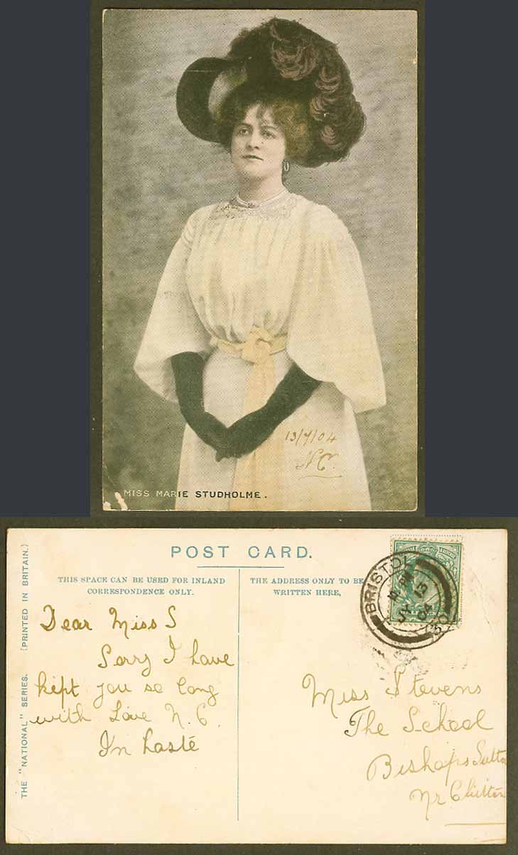 Actress Miss MARIE STUDHOLME, Black Gloves, Glamour Woman Lady 1904 Old Postcard