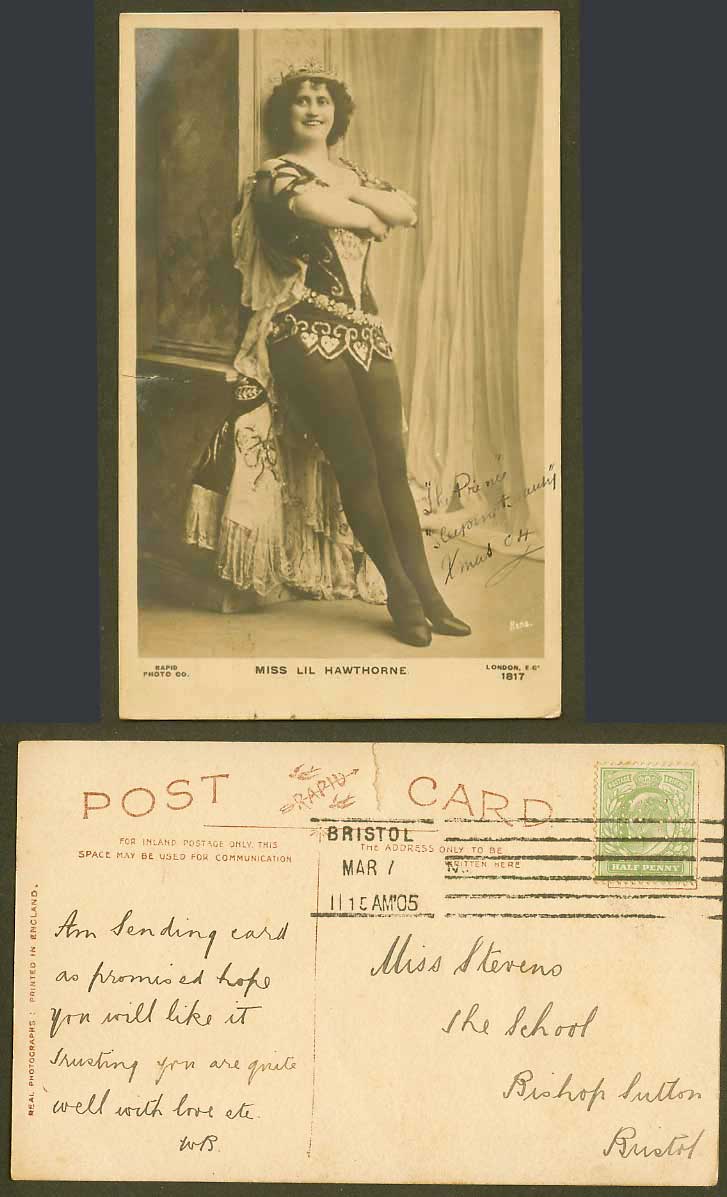 American-born British Actress Miss Lil Hawthorne 1905 Old Real Photo Postcard RP