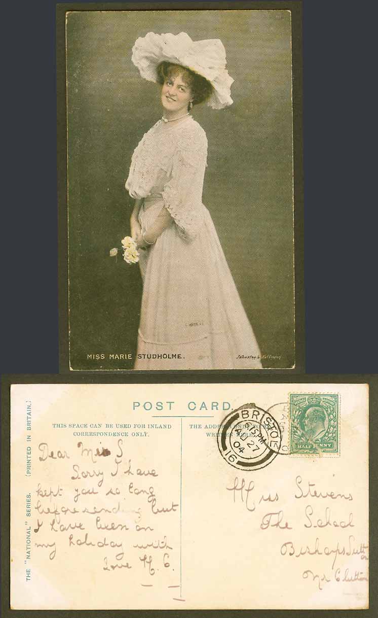 Actress Miss MARIE STUDHOLME Holding Flowers Blue Dress 1904 Old Colour Postcard