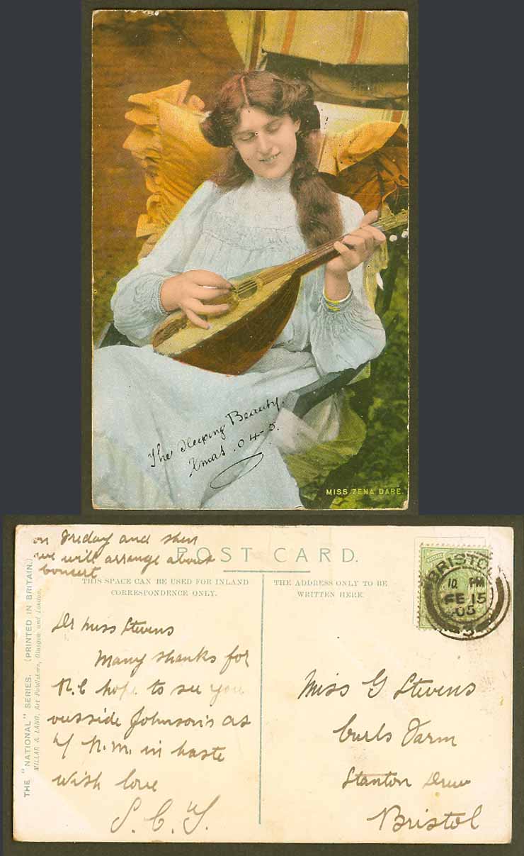 Actresses Miss ZENA DARE & Mandolin Musical Instrument 1905 Old Colour Postcard