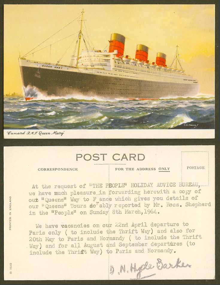 Cunard R.M.S. Queen Mary Royal Mail Steamer Steam Ship by CE Turner Old Postcard