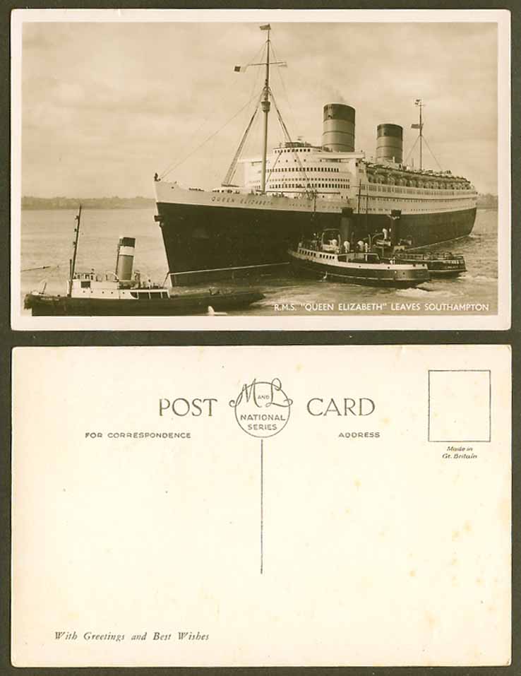 R.M.S. Queen Elizabeth Steamer Ship Leaves Southampton Old Real Photo Postcard