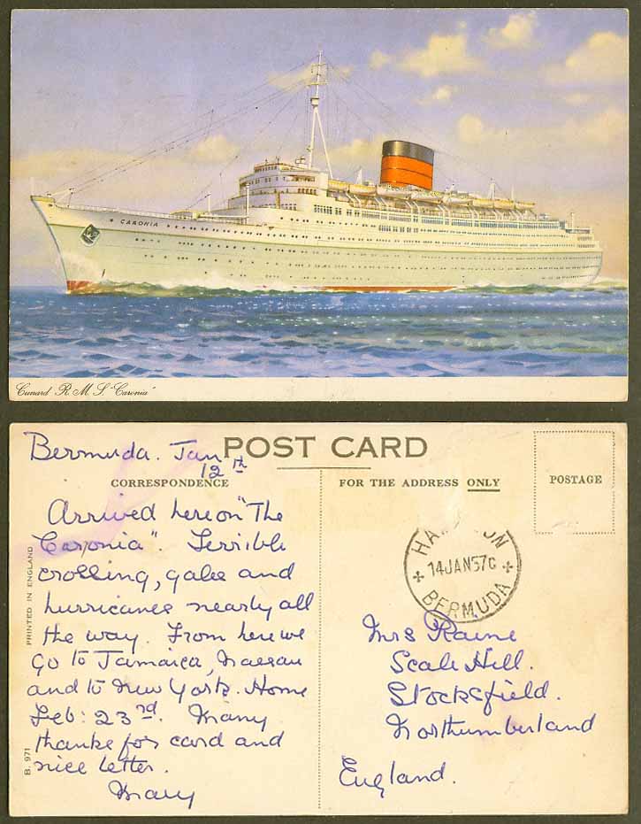 Cunard R.M.S. Caronia Steam Ship Steamer 1957 Old Postcard Artist Drawn Shipping