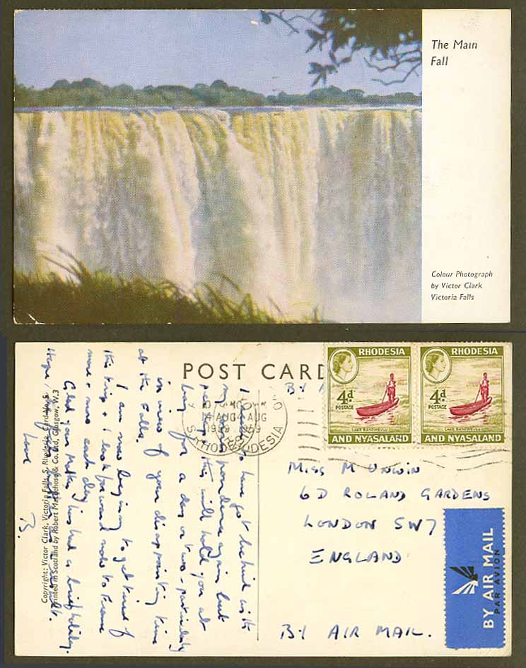 Rhodesia QEII 4d x2 Airmail 1959 Old Colour Postcard VICTORIA FALLS - Main Fall