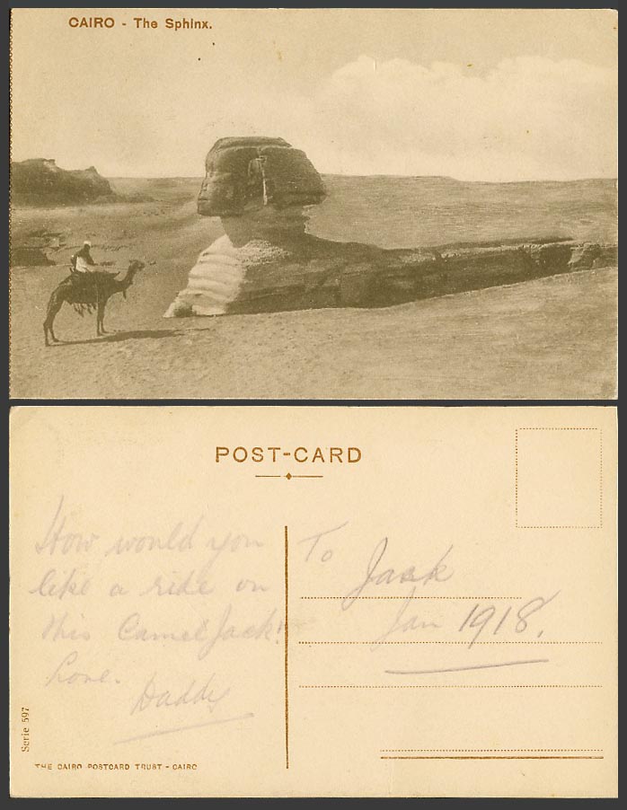 Egypt 1918 Old Postcard Cairo The Sphinx, Le Caire Camel Rider Desert Sand Dunes