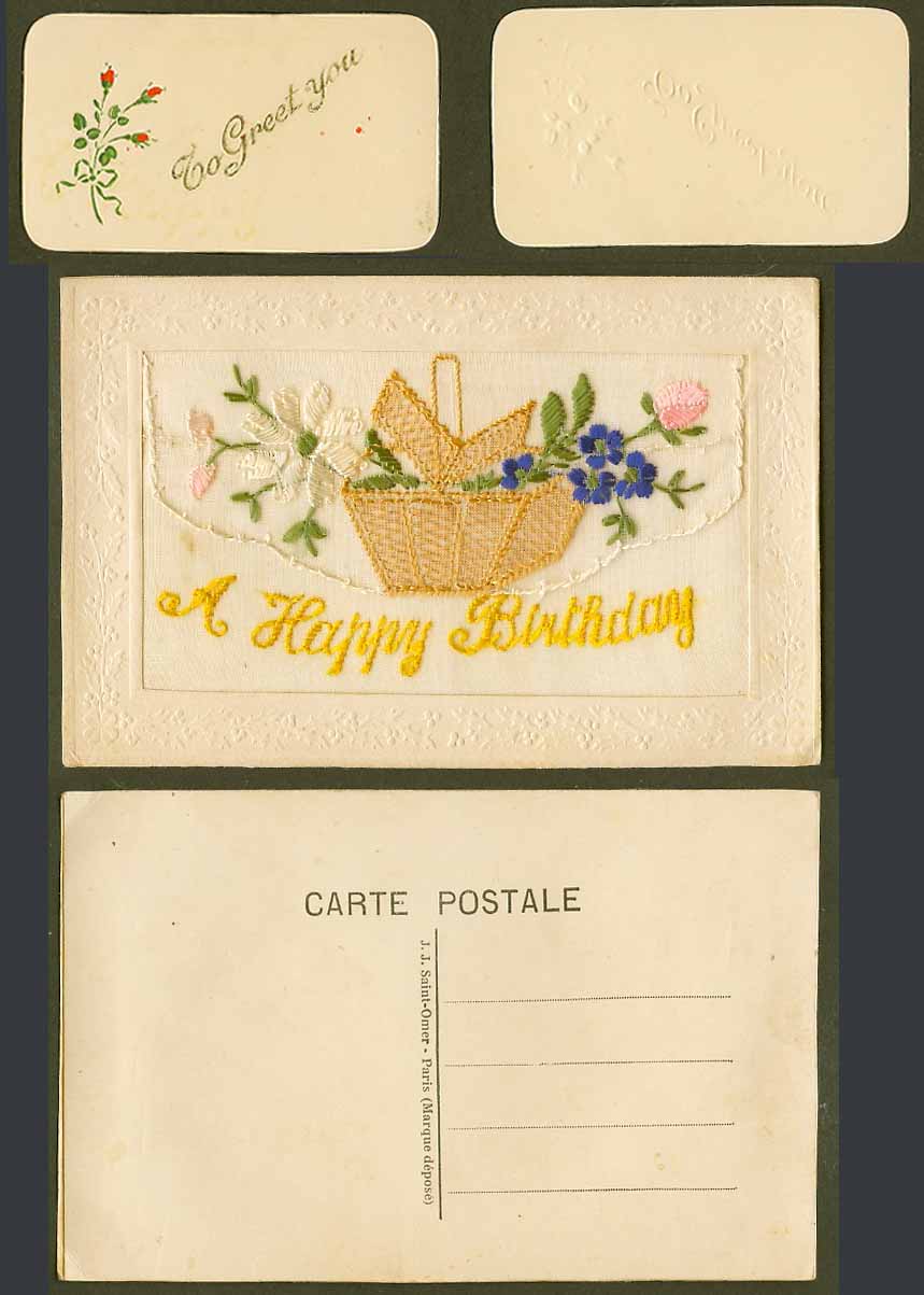 WW1 SILK Embroidered Old Postcard A Happy Birthday, Flowers Flower Basket Wallet