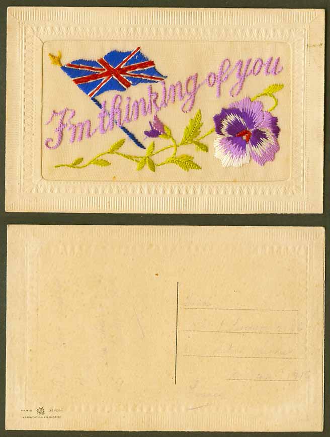 WW1 SILK Embroidered Old Postcard I'm Thinking of You, British Flag Pansy Flower