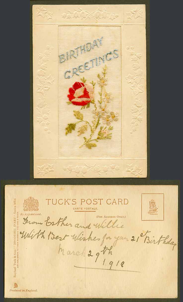 WW1 SILK Embroidered, March 1918 Old Tuck's Postcard Birthday Greetings, Flowers