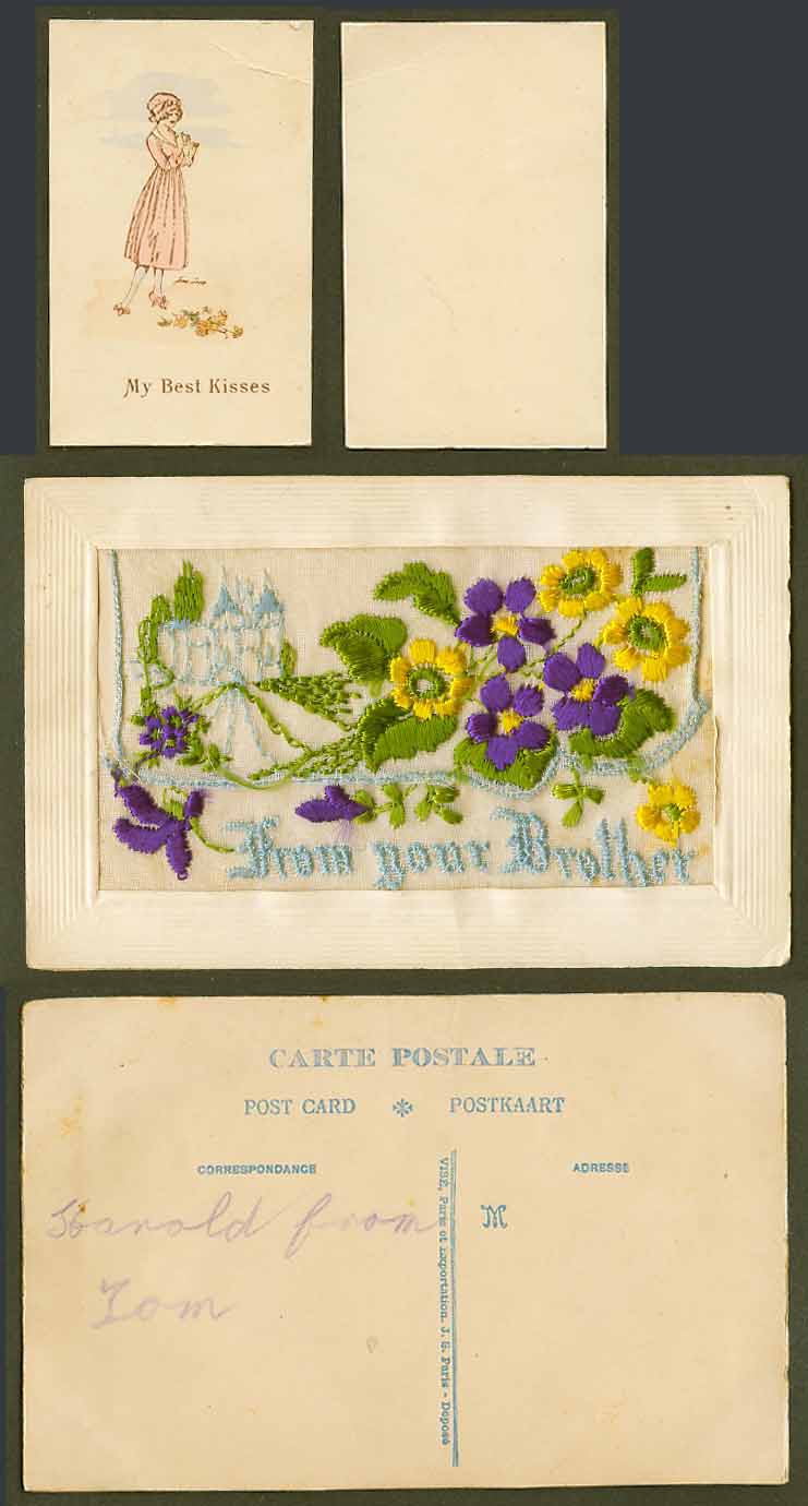 WW1 SILK Embroidered Old Postcard From Your Brother Castle My Best Kisses Wallet