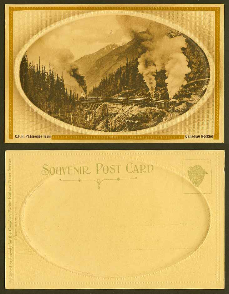Canada Old Embossed Postcard C.P.R. Locomotive Passenger Train, Canadian Rockies