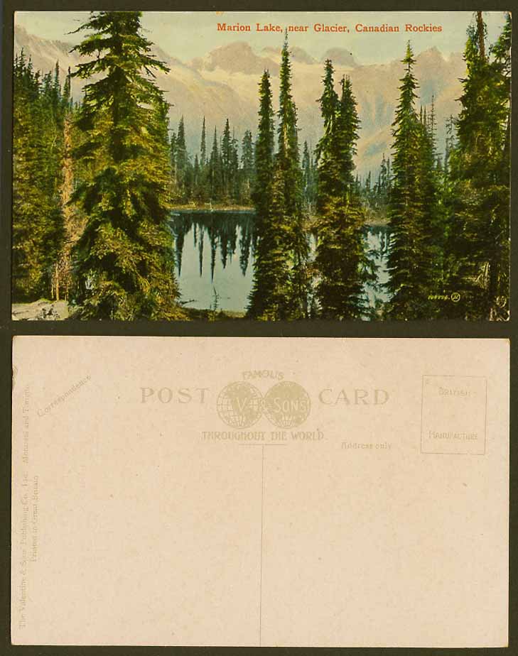 Canada Old Colour Postcard Marion Lake near Glacier, Canadian Rockies Trees Mts.