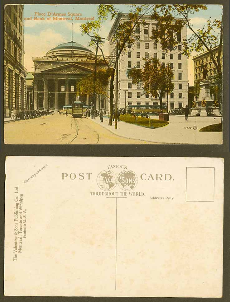 Canada Old Colour Postcard Place d'Armes Square & Bank of Montreal, TRAM Tramway