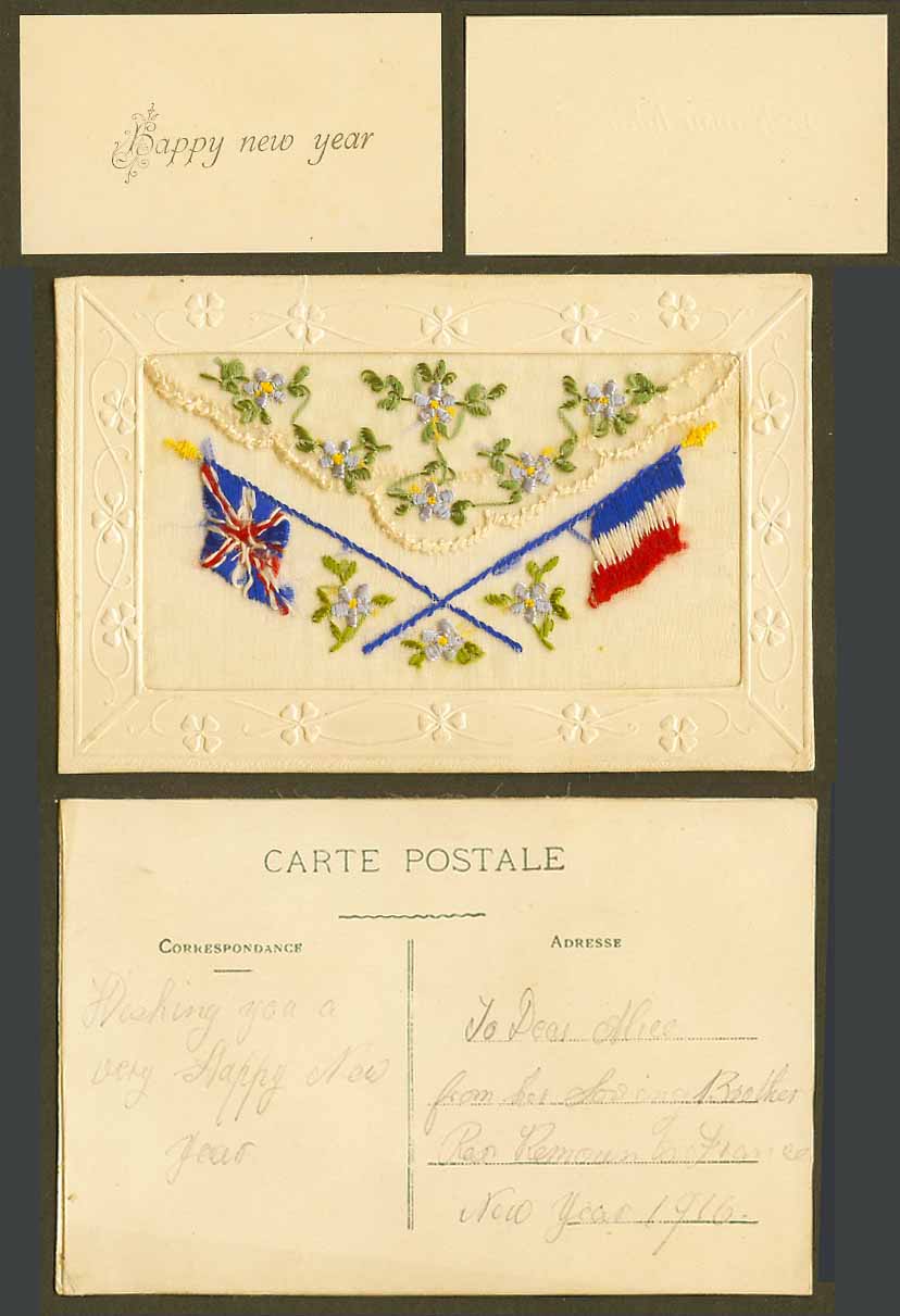 WW1 SILK Embroidered 1916 Old Postcard Flowers & Flags, Happy New Year in Wallet
