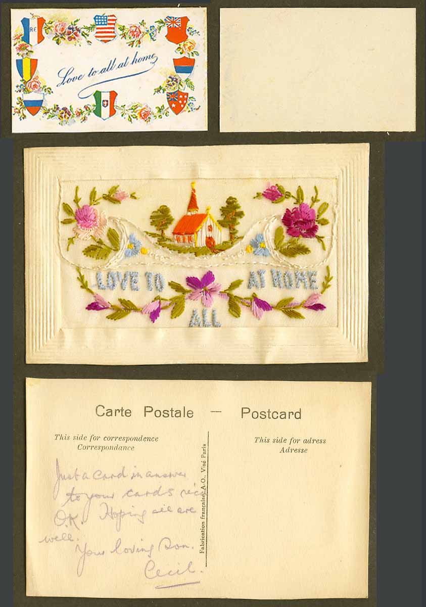 WW1 SILK Embroidered Old Postcard Love to All at Home Church House Flower Wallet